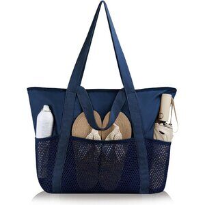 Women Navy Beach Bag Large Waterproof Sandproof Foldable Tote With Zipper Mesh